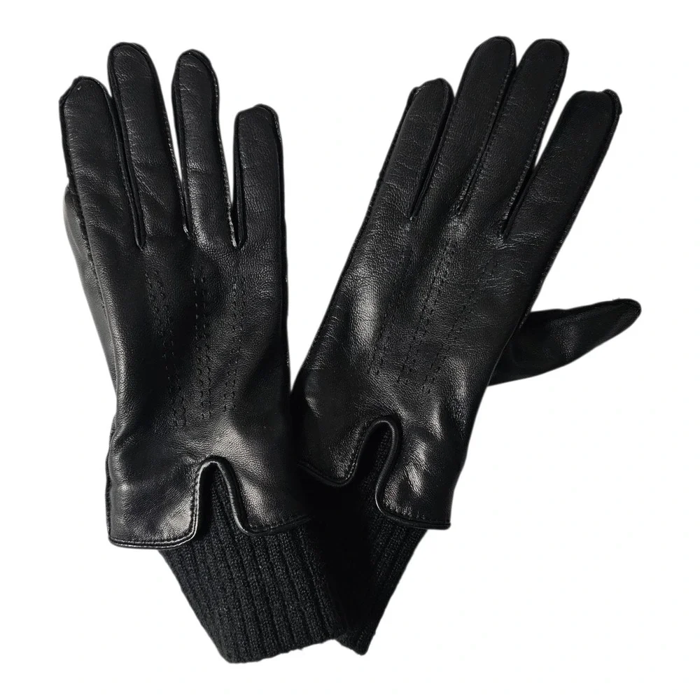 Fownes Brothers Black Leather Knit-Cuff Touchscreen Gloves Size M